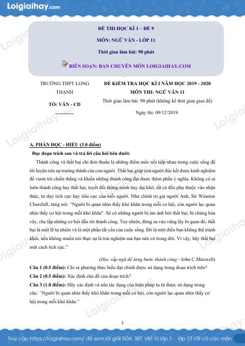 Giải đề thi học kì 1 Ngữ văn lớp 11 năm 2019 - 2020 trường THPT Long Thạnh